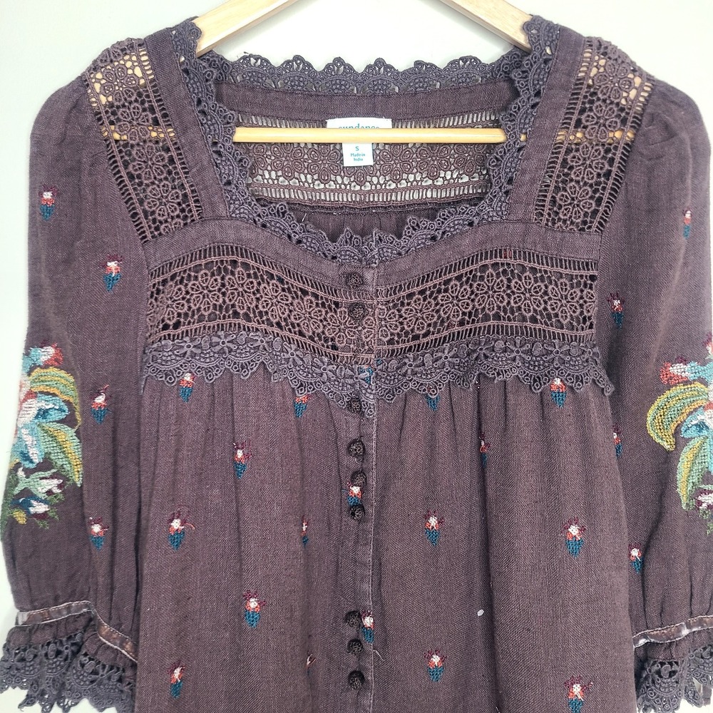 Sundance Brown Square Neck Lacy Embroidered Linen Blend Top Blouse Boho Small - Picture 3 of 8